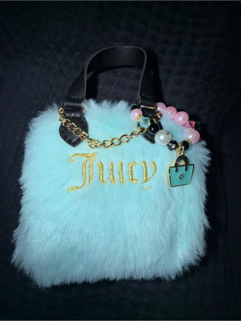 Juicy Couture Aqua Faux Fur Mini Charm Tote with Pink Bead Accent